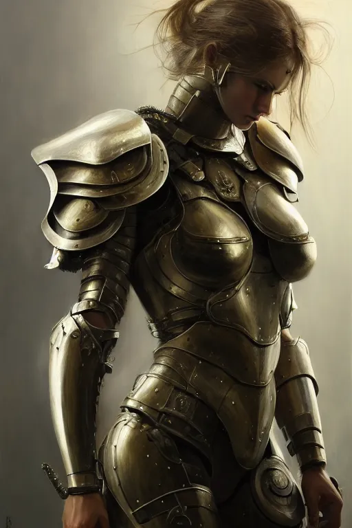 Image similar to a photorealistic painting of an attractive young girl, partially clothed in metal-plated battle armor, olive skin, long dark hair, beautiful bone structure, symmetrical face, perfect eyes, intricate, elegant, digital painting, concept art, illustration, sharp focus, minimal artifacts, from Metal Gear, in the style of Ruan Jia and Mandy Jurgens and Greg Rutkowski, trending on Artstation, award winning