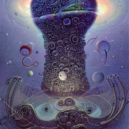 Prompt: a utopian city resting on the tongue of yog-soggoth as he slumbers curled around a BlackHole in outer space by Daniel Merriam-W 1216