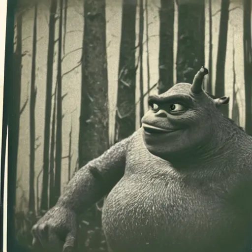 Image similar to 1 9 6 0's old polaroid of monster shrek staring from the depths of the dark gloomy forest, beksinsky, carpenter, creepy pasta, photorealistic, grainy, found footage, old film, low quality, horror, creepy, unsettling, liminal, terrifying