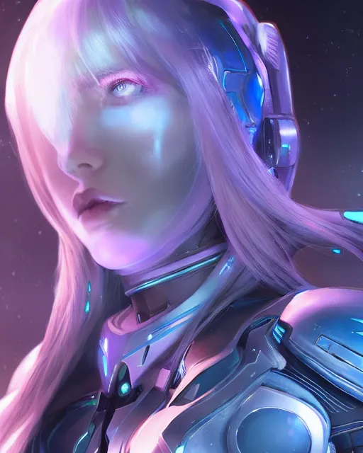 Image similar to perfect android girl on a mothership, warframe armor, beautiful face, scifi, futuristic, galaxy, nebula, raytracing, dreamy, long white hair, blue cyborg eyes, sharp focus, cinematic lighting, highly detailed, artstation, divine, by gauthier leblanc, kazuya takahashi, huifeng huang