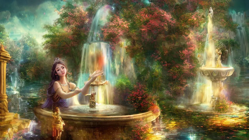 Prompt: Beautiful Godess of beauty with a fountain ” Beautiful Dreamscape, Digital art, concept art, detailed, lovely colors, Art station,3-D 4K, beautiful background, matte painting, ,