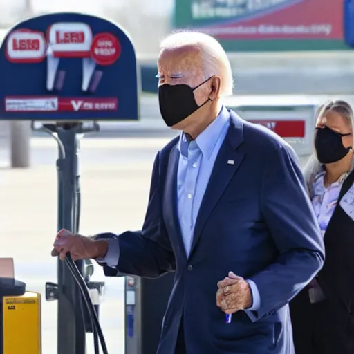 Image similar to joe biden at the gas station pumping gas into his mouth