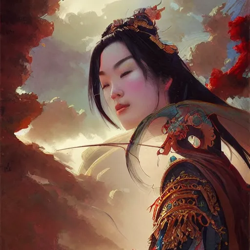 Image similar to chinese goddess emperess mulan in the style of craig mullins, greg rutkowski, peter mohrbacher, and drew struzan. epic, majestic, awe inspiring, god rays, fissures, divine, church painting, intricate armor, extreme detail, high octane, cartoonish