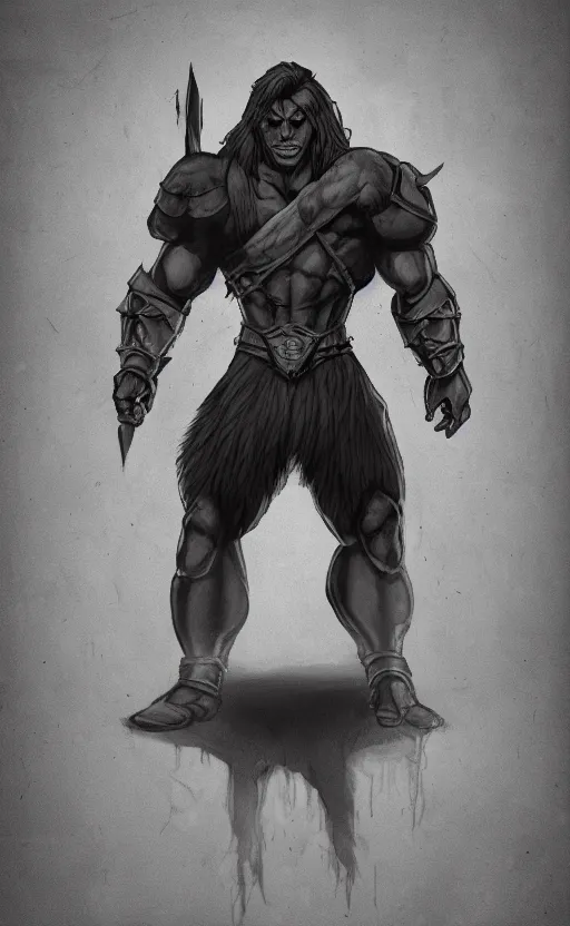 Image similar to Full body centered uncut character pose of mysterious-eerie-ominous He-Man, dark grey shadowy smokey background, atmospheric, cinematic, Epic, ultra-detailed, sharp focus, colored illustration