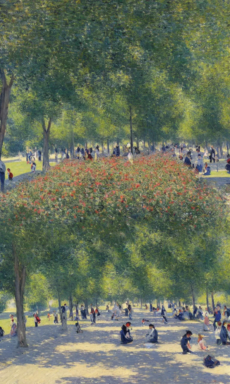 Image similar to a beautiful boulevard in full bloom, people on a picnic, noon, Gustave Caillebotte, artstation, 8k