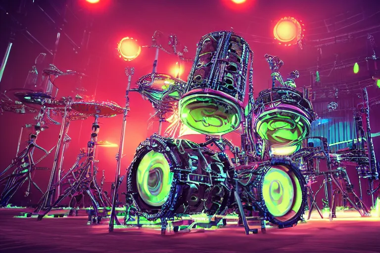 Prompt: photo of huge robotic drumset on a concert tage, the drumset is futuristic steampunk style with gears and tubes, 8 k, fluorescent colors, halluzinogenic, multicolored, exaggerated detailed, unreal engine