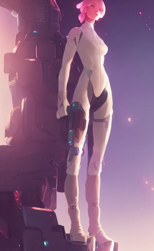 Image similar to sci fi female character, muted colored bodysuit, sci-fi oversized extra-large mech boots that go up to the thigh, soft lighting, wojtek fus, by Makoto Shinkai and Ilya Kuvshinov,