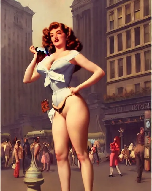 Image similar to pinup photo of hermione jean granger in the crowded square of the city, by greg rutkowski, gil elvgren, enoch bolles, glossy skin, pearlescent, very coherent, flat