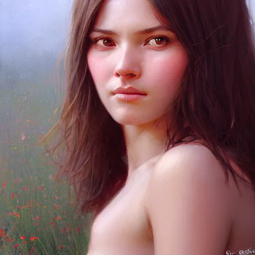 Image similar to Facial portrait of a cute shy girl, looking at the camera, slight awkward smile, lips slightly parted, no hands visible, blushing, intricate, extremely detailed painting by Greg Rutkowski and by Henry Justice Ford and by Steve Henderson and Moebius