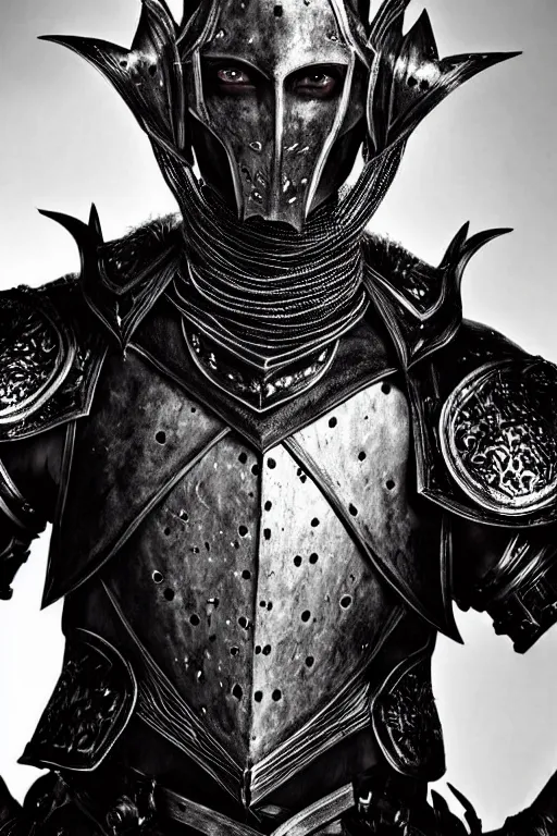 Image similar to head and shoulders portrait of an eldritch knight, drow, dark elf, shadar kai, male, breastplate, magical, high fantasy, d & d, by annie liebovitz, face details, extremely detailed, vogue fashion photo