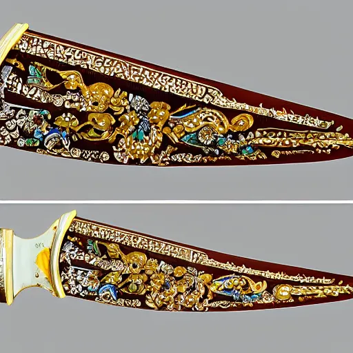 Image similar to artistic knife with jewels and gold inlay in the style of a indonesian keris, photorealistic