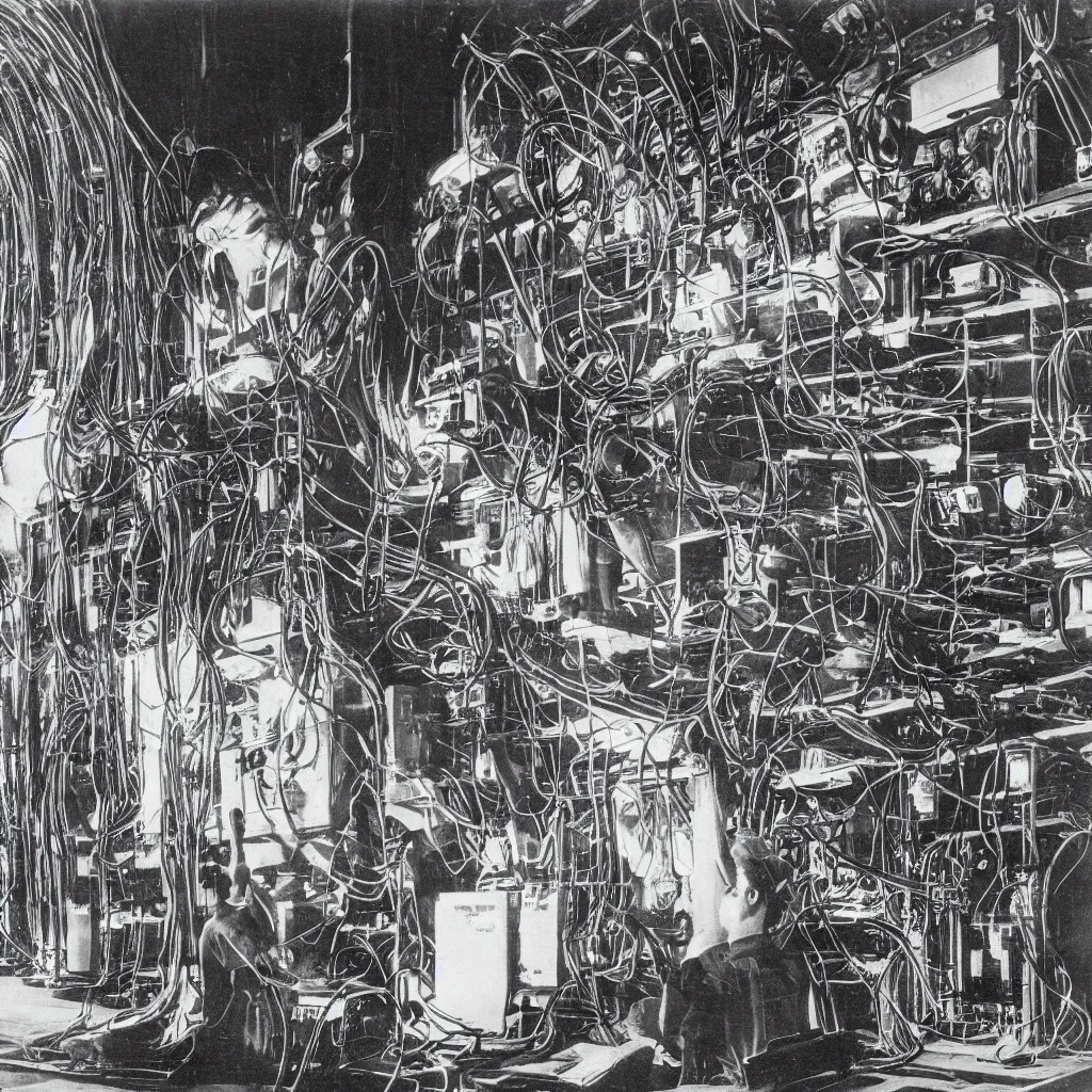 Image similar to An engraving of Max Ersnt in a datacenter, cables, pipes, oil, computers, 1929