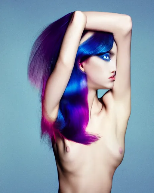 Image similar to dynamic Pantene hair flip, color interference, high fashion photograph, perfect porcelain skin, By Steven Meisel, WLOP, Felipe Pantone