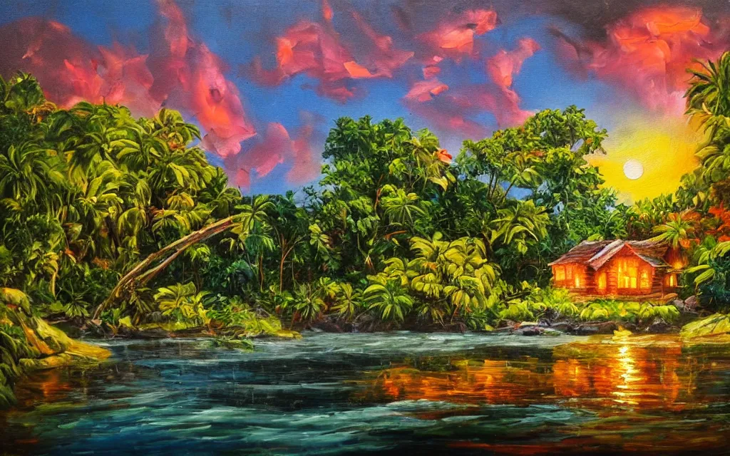 Image similar to a small island surrounded by water with a cozy cottage, with a garden courtyard, tropical forest, river, waterfall, sunset, puffy clouds, dramatic and dynamic lighting, thick brush strokes oil impasto painting