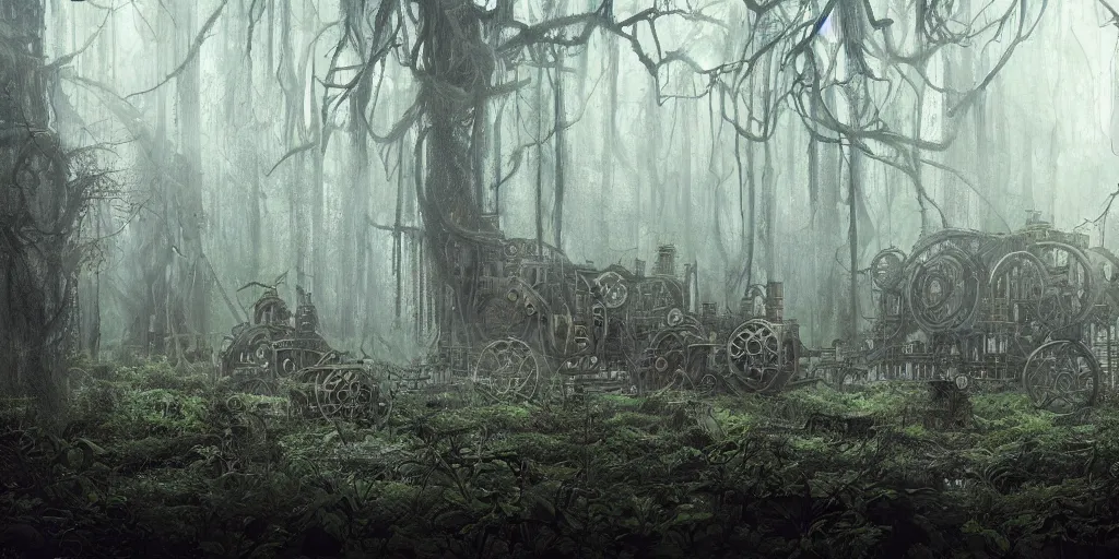 Image similar to mechanical steampunk machine in haunted swamp surrounded by dense forest with vines hanging from trees, creepy ambiance, fog, sharp focus, hughly detailed, eerily beautiful, cgsociety, artgerm