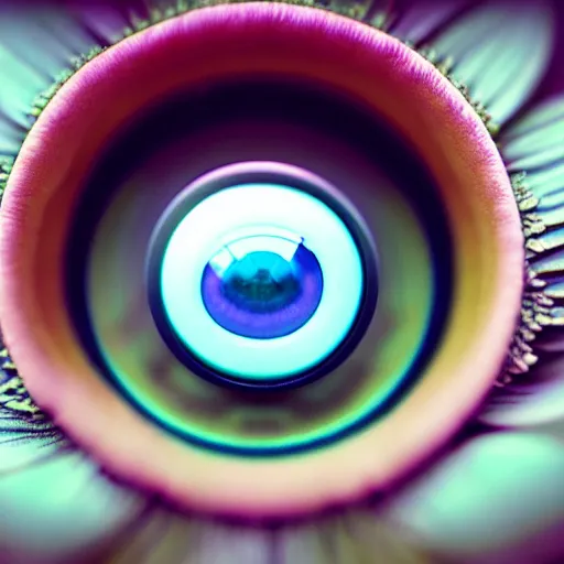 Image similar to a close up of a flower camera with an eyeball for a lens. cyberpunk art by beeple, flickr contest winner, computer art, bokeh, octane render, shallow depth of field