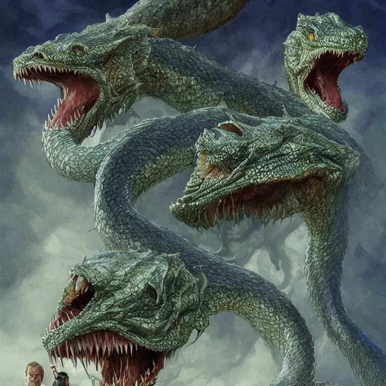 Image similar to two - headed hydra of lerna, jim carey as lloyd christmas beside jeff daniels as harry dunne ( from dumb and dumber ), serpentine water monster, d & d, fantasy, portrait, highly detailed, digital painting, trending on artstation, concept art, sharp focus, illustration, art by artgerm and greg rutkowski and magali villeneuve