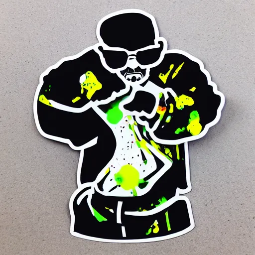 Image similar to die cut sticker, walter white breakdancing in techwear splatter paint
