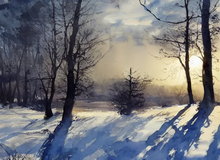 Image similar to watercolor winter landscape, glistering, high detailed art by dennis miller bunker, work by anders zorn, wonderful masterpiece by greg rutkowski, beautiful cinematic light, american romanticism by greg manchess, creation by tyler edlin