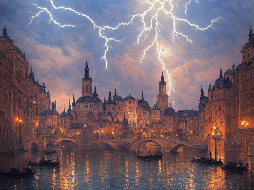 Image similar to a view from the river a city resembling prague, paris, and venice at night with a sky full of lightning, intricate, elegant, highly detailed, digital painting, artstation, concept art, smooth, sharp focus, colored illustration for tattoo, art by thomas kincade, krenz cushart and artem demura and alphonse mucha,