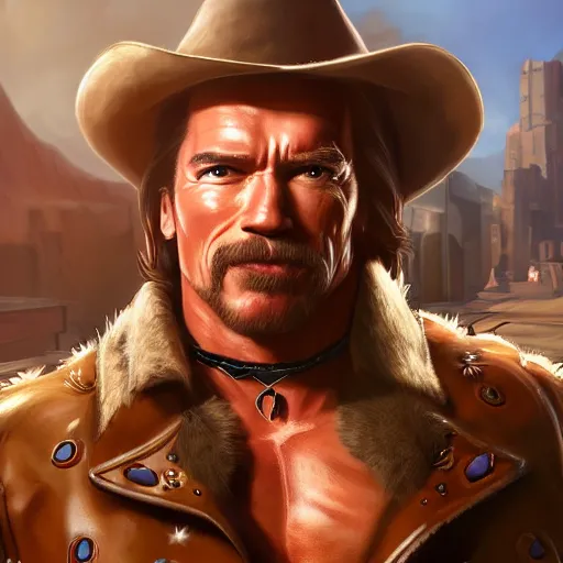 Image similar to a screenshot of arnold schwarzenegger as mccree in overwatch, portrait, fantasy, beautiful face, vivid colors, elegant, concept art, sharp focus, digital art, hyper - realistic, 4 k, unreal engine, highly detailed, hd, dramatic lighting by brom, trending on artstation