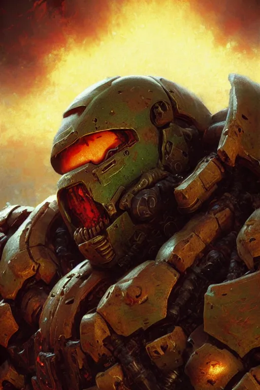 Prompt: extreme close up of the doom marine trying to eat beans by pushing them into his helmet extremely high detail portrait dnd, painting by gaston bussiere, craig mullins, greg rutkowski, yoji shinkawa