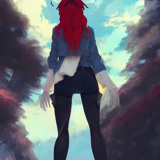 Image similar to a pale redheaded demoness with yellow eyes and horns wearing a jacket, highly detailed, digital painting, artstation, matte, by makoto shinkai, animation style