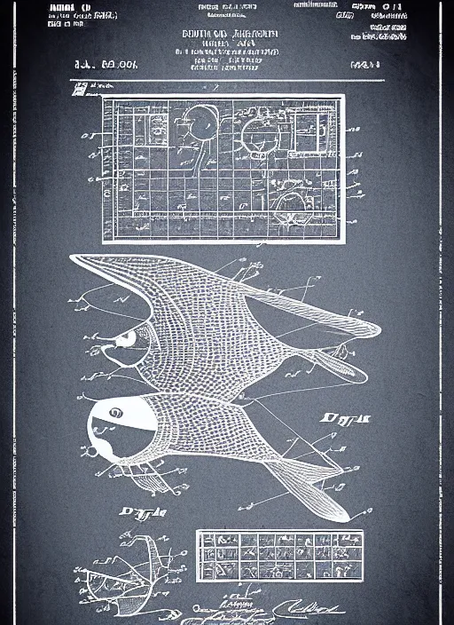 Prompt: a graphic design poster of the isometric detailed blueprint of the pigeon in space, patent illustration, no text 1 9 9 0, poster design, japan graphic comics manga art illustration, silkscreen risograph, greyscale monochrome