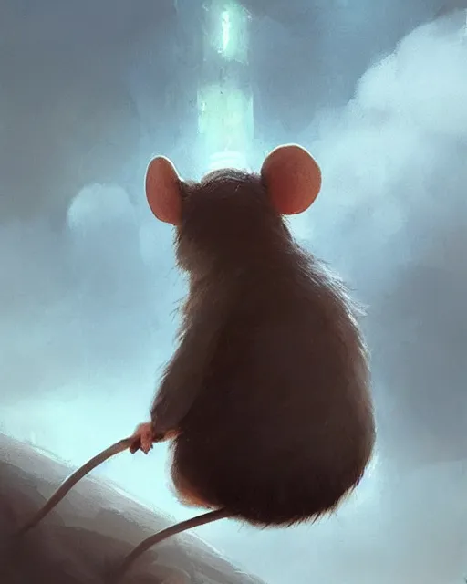 Image similar to viewed from behind, over the shoulder, a cute mouse looks upwards, viewed from behind, digital portrait by greg rutkowski, fantasy art, concept art, by disney concept artists, cinematic lighting, evening light, trending on artstation, cgsociety