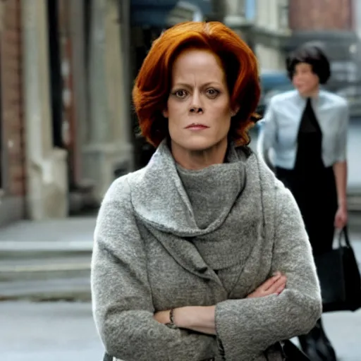 Prompt: movie still of sigourney weaver in the devil wears prada