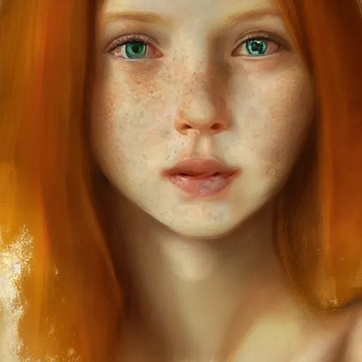 Prompt: portrait of a red haired girl, long hair, green eyes, hint of freckles, beautiful round face, soft amazed smiles, among golden fireflies, highly detailed, deep focus, elegant, digital painting, smooth, sharp focus, golden ratio, illustration, ultra realistic, 8 k, art by caravaggio