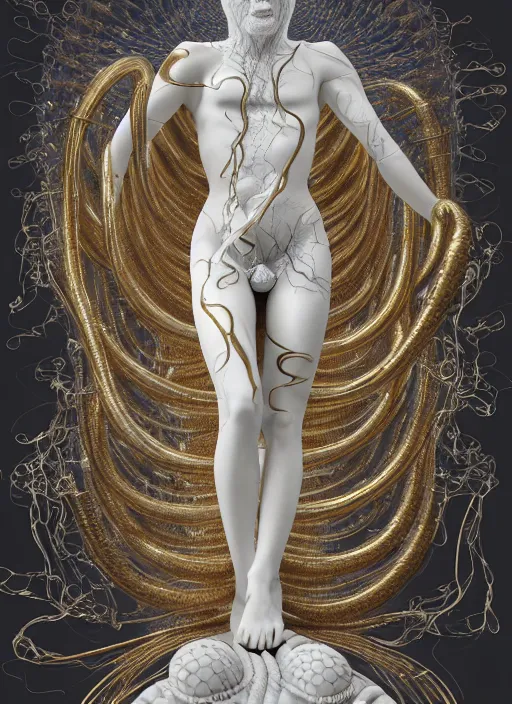 Prompt: a statue made of white marble with gold veins, of bubblebutt snakes, transhumanism, hyper realistic, hyper detailed, by ernst haeckel, by alex grey, octane render, blender, 8 k