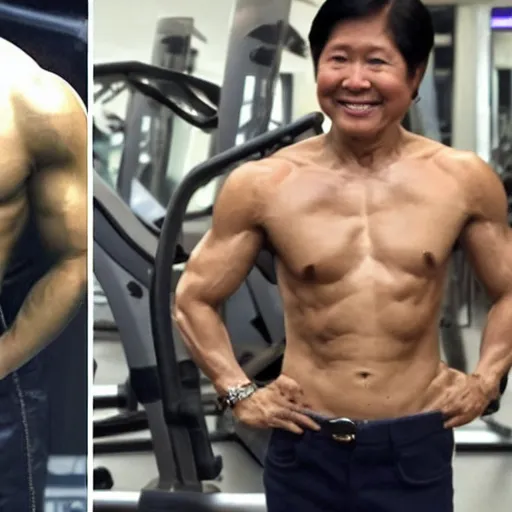 Image similar to bongbong marcos as gigachad flexing at the gym, muscular, on steroids,