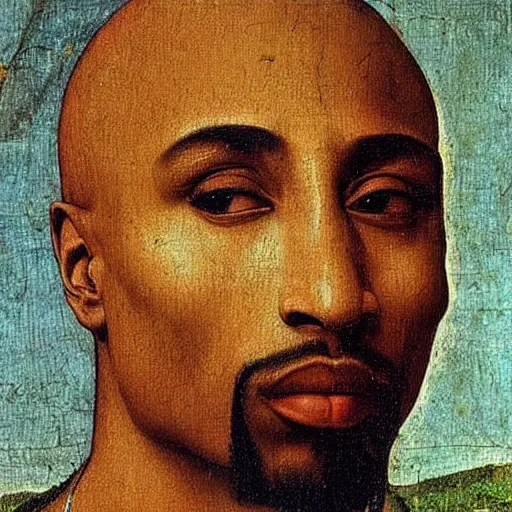 Image similar to A Renaissance portrait painting of Tupac Shakur by Giovanni Bellini and Leonardo da Vinci. Tupac