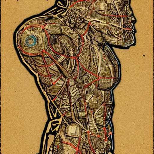 Prompt: cyborg as a vtruvian man blueprint by leonardo davinci