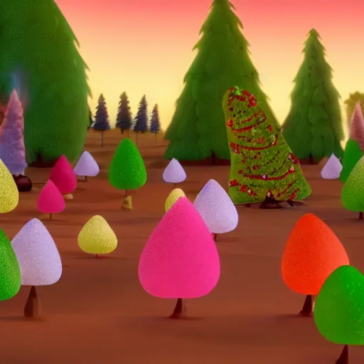 Prompt: Animated film still from a Pixar movie with a Candy land forest during christmas time with anthropomorphic ginger bread people and candy people, rivers made out of chocolate milk, the sky is pink, style of Pixar, Surreal, Angelic, HD, Hyper Realistic