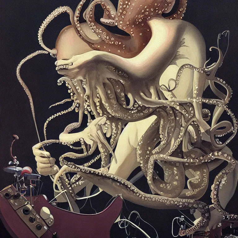 Image similar to a beautiful painting by etam cru of an octopus playing drums and telecaster guitar in an electronic concert, dark background, concert light, dark mood, warm lights