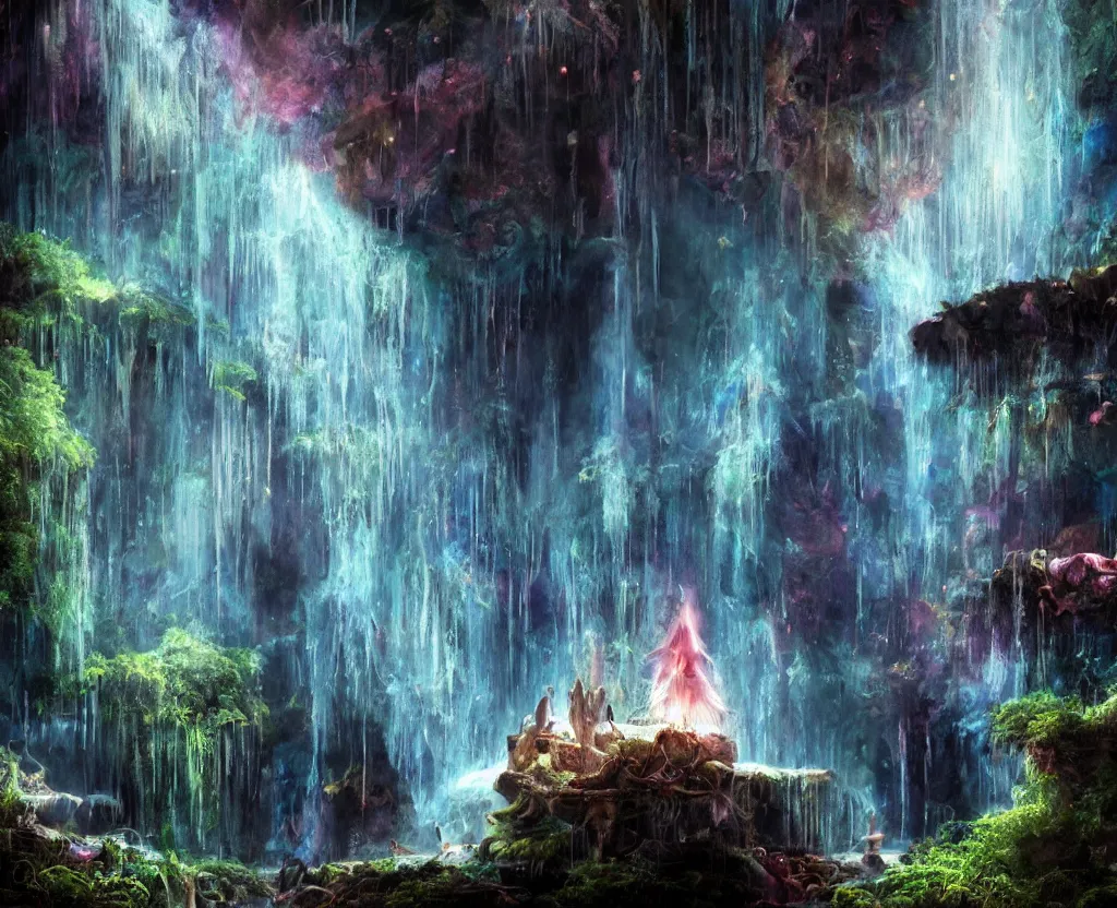 Prompt: oil painting, waterfall, underground lake, stalactites, dungeon, underground scene, cave, glowing threads of drop, solitude under a waterfall, space flower fairy, space, stars, star rain, rich deep colors masterpiece, ultra detailed, beautiful fantasy, contrast, volumetric light, atmospheric lighting, cinematic, steampunk, moody, octane render 4 k, 8 k