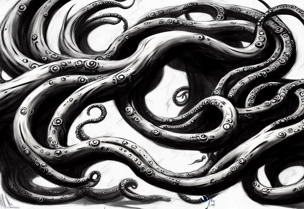 Prompt: underwater tentacle painting spiraling inward by Greg Manchess, Art Directed by Jeremy Jarvis; Deep sea horror; gallery painting; teeth and eyes; black ink; fine line work; epic pencil sketch trending on artstation; Charcoal Tattoo; concept art; epic cinema post landscape illustration