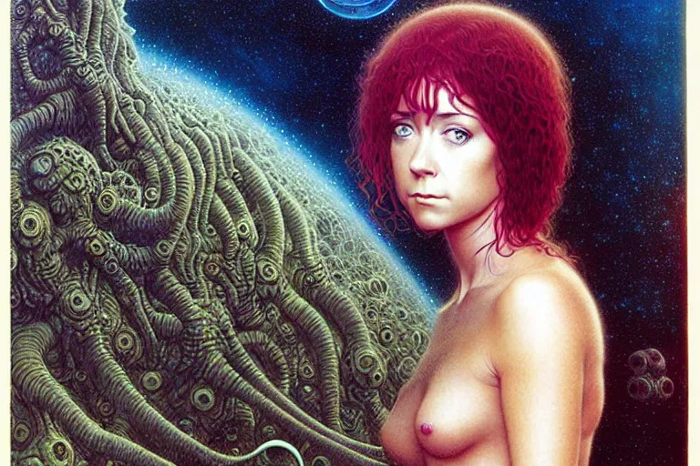 Image similar to cute young alyson hannigan with short hairs on lovecraftian planet by jean delville by luis royo and wayne barlowe, beksinski