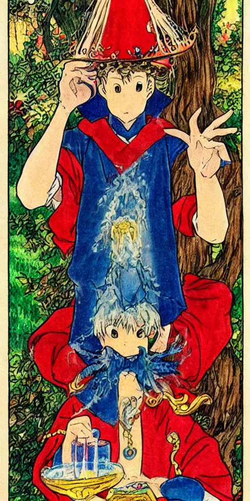 Prompt: a mystical man with a goblet on the table, wizard hat, drawn by Naoko Takeuchi, tarot card