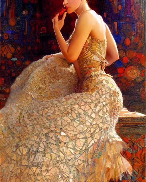 Prompt: an attractive fashion model wearing a complex dress surrounded by intricate geometric patterns. highly detailed painting by gaston bussiere, craig mullins, j. c. leyendecker 8 k