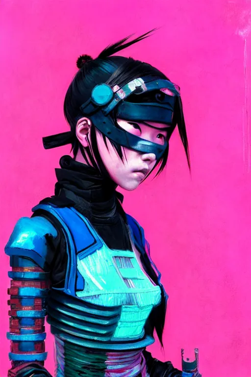 Image similar to stylized japanese cyberpunk ninja girl, wearing urban techwear, and armor, painted in acrylic, pigment textures, in the colors hot pink and cyan, beautiful realistic face, rule of thirds, spotlight, by greg rutkowski, by jeremy mann, by francoise nielly, by van gogh, by ross tran, in focus