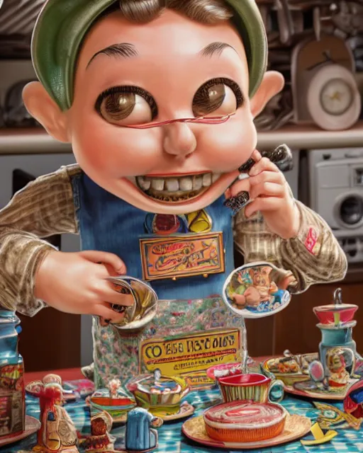 Prompt: highly detailed closeup, face profile portrait of a tin toy robert crumb in a retro 1 9 5 0 s kitchen eating cakes, depth of field, fashion photoshoot by nicoletta ceccoli, mark ryden, lostfish, dan decarlo, bob clampett, max fleischer, breathtaking, detailed and intricate environment, 8 k resolution, hyperrealistic, octane render