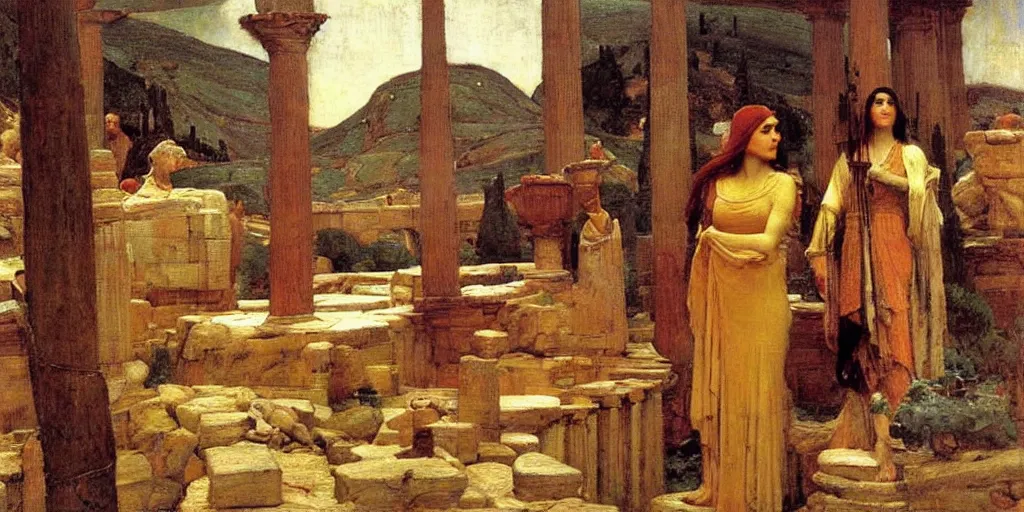Prompt: The Oracle at Delphi by John William Waterhouse and Grant Wood