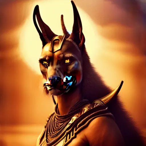 Image similar to Majestic gracious Anubis female warrior portrait, atmospheric lighting, painted, intricate, volumetric lighting, beautiful, rich deep colours masterpiece, golden hour, sharp focus, ultra detailed, by Leesha Hannigan, Ross Tran, Thierry Doizon, Kai Carpenter, Ignacio Fernández Ríos