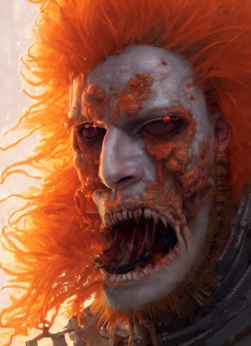 Image similar to biopunk portrait of curly orange hair man from dark souls, au naturel, hyper detailed, digital art, trending in artstation, cinematic lighting, studio quality, smooth render, unreal engine 5 rendered, octane rendered, art style by klimt and nixeu and ian sprigger and wlop and krenz cushart.