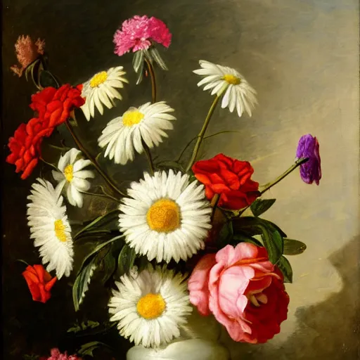 Image similar to a still life of a vase of flowers with a mix of roses daisies and lilies.