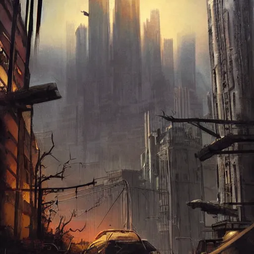 Prompt: post apocalyptic painting of city 1 7 from half - life 2. the citadel is shown towering over the city. highly detailed. painting by esao andrews