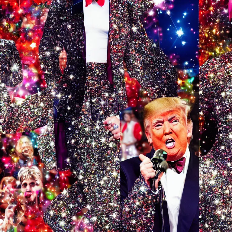 Prompt: donald trump dressed in ladies glitter suit, in nightlife, beautiful, photorealistic, hyperrealistic, highly detailed, close - up, high resolution, 4 k